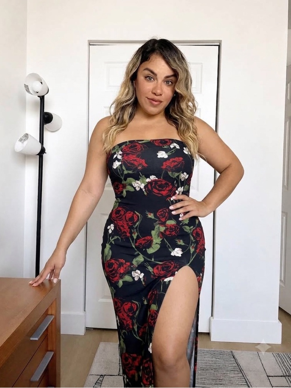 SHEIN Black Strapless Red Rose Dress with Side Slit